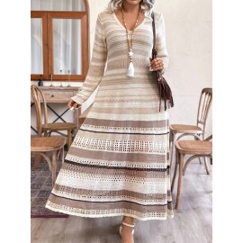 Plus Size - Plus Size - Plus Size - Elegant Plus Size V-Neck Long Sleeve Dress with Color Block Design - Lightweight Breathable Fabric, Ruffled Hem & Layered Skirt