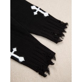 Plus Size Cross Pattern Knit Sweater, Casual Long Sleeve V Neck Raw Hem Top For Fall & Winter, Women's Plus Size Clothing