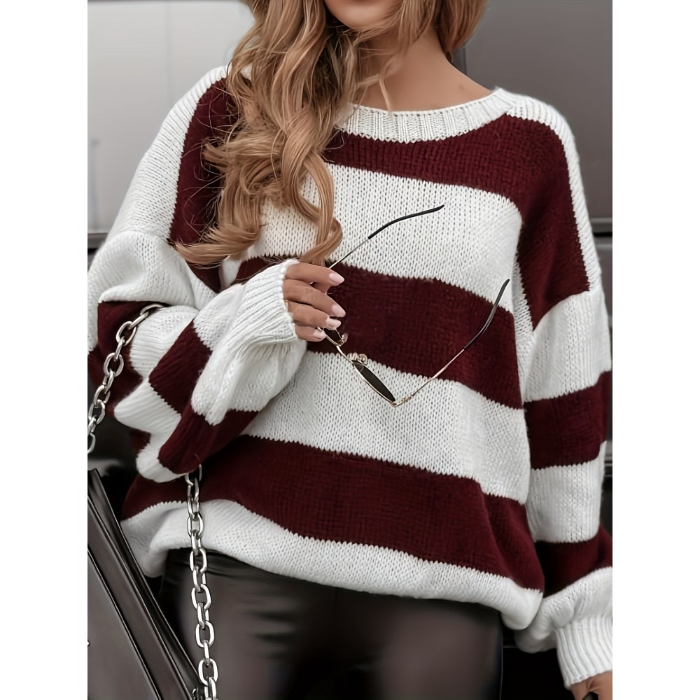Elegant Color-Block Striped Sweater - Soft 100% Polyester Long Sleeve Pullover with Round Neck, Machine Washable Fall Winter Casual Chic Top