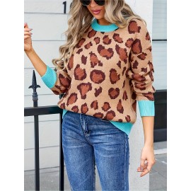 Plus Size - Women'S Plus Size Leopard Print Sweater with Turquoise Cuffs - Cozy Pullover, Loose Fit, Round Neck, Casual Style for Spring/Fall, Casual Wear|Leopard Print Top|Stretchy Fabric