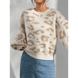 Plus Size - Women'S Plus Size Leopard Print Sweater - Cozy Crew Neck, Long Sleeve Pullover for Fall/Winter, Casual Style with Ribbed Cuffs, Light Beige & Brown Pattern, High-Stretch Fabric, Perfect for Casual Attire, Cozy Sweater