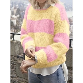 Plus Size - New Striped Color-Blocked Sweater for Autumn And Winter, a Loose-Fitting Plus-Size Rainbow Sweater for Women That Makes You Look Younger.