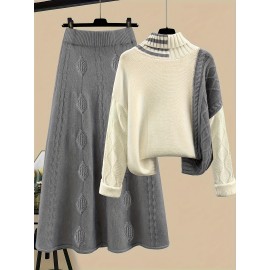 Plus Size, Women's Two-Piece Set, Fashionable and Elegant Long Sleeve Pullover with Skirt in Color Block Design for Autumn/ Winter