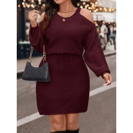 [Elegant Dress] Elegant Plus Size Women's Off-Shoulder Dress | Long Sleeve Round Neck with Waist Tie & Pencil Silhouette, Solid Color Machine Washable Resort Wear for Spring/Fall
