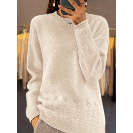 Plus Size, Women's Oversized Elegant Sweater - Winter Warm Round Neck Long Sleeve Cable- Texture Sweater for Fall & Winter, Cozy Casual to Formal Outfits, Plus Size Available (Hand Washable) - Versatile Everyday & Special Occasion Sweater