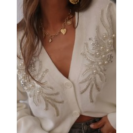 Plus Size - Women'S Elegant V-Neck Cardigan with Pearl Embellishments - French Chic Button-Front Design, Long Sleeve, Lightweight for Fall/Winter, White, Winter Cardigans Lightweight