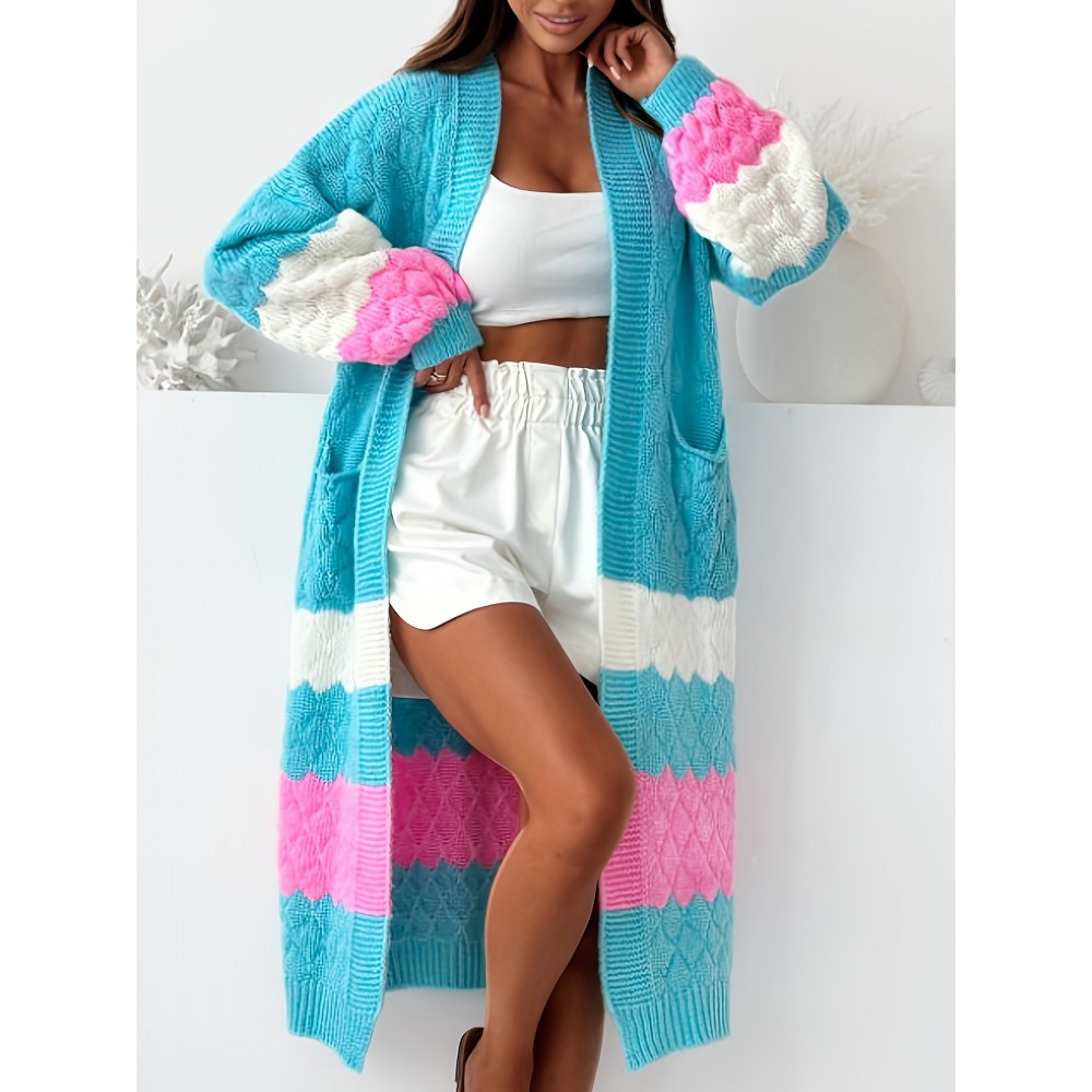 Women'S Elegant Striped Cardigan - Fashionable Off-the-Shoulder Long Sleeve, Deep V-Neck, Large Size, Spring/Fall, Pocket, Casual Wear|Vneck Cardigan|Stretchy Fabric