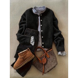 [Fall Winter Apparel] Plus Size Women's Elegant Cardigan | Chic Solid Color Open Front Button-Up Sweater with Ribbed Cuffs, Long Sleeves, and Button Details for Fall/Winter Casual or Office Wear, Versatile Layering Piece