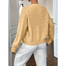 Plus Size - Plus Size - Women'S Elegant Solid Color Long Sleeve Cardigan - Soft Stretchy Button-Front Open Front Sweater, Round Neck Fall/Winter Coat for Casual & Formal Outfits, Cardigan Sweater, Winter Clothing, Stylish Knitwear, Office Wear