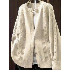 Plus Size, Women's Beige Sweater - Longline Sweater Coat with Button Front, Thick Cable Texture, Machine Washable Winter Sweater for Everyday & Formal Outfits - Elegant Sweater for Women, Sweater, Medium Elasticity Fabric
