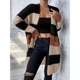 [Elegant Cardigan] Soft Elegant Women's Color Block Cardigan | Long Sleeve Mid-Length Sweater with Pockets, Relaxed Fit for Fall Winter, Casual & Formal Outfits