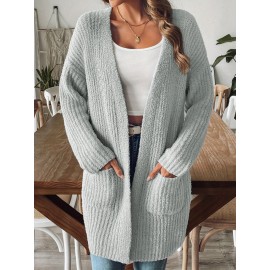Plus Size - Plus Size Women'S Elegant Vintage Cardigan - Cozy V-Neck with Pockets, Light Gray, Long Sleeve, Fall/Winter Warmth, Casual Chic Style, Autumn Winter Apparel | Vintage Style Cardigan | Construction, Cardigan Sweater