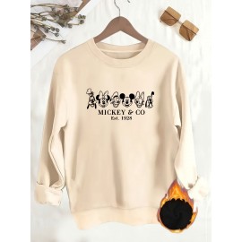 Women'S Cozy Mickey Mouse & Friends Graphic Sweatshirt - Black Crew Neck Pullover with Applique Design, Casual Fall/Winter Wear, Casual Winter Wear | Playful Design | Soft Texture, Mickey Mouse Sweatshirt