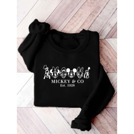 Women'S Cozy Mickey Mouse & Friends Graphic Sweatshirt - Black Crew Neck Pullover with Applique Design, Casual Fall/Winter Wear, Casual Winter Wear | Playful Design | Soft Texture, Mickey Mouse Sweatshirt