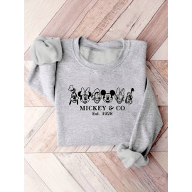 Women'S Cozy Mickey Mouse & Friends Graphic Sweatshirt - Black Crew Neck Pullover with Applique Design, Casual Fall/Winter Wear, Casual Winter Wear | Playful Design | Soft Texture, Mickey Mouse Sweatshirt