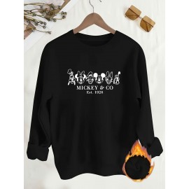 Women'S Cozy Mickey Mouse & Friends Graphic Sweatshirt - Black Crew Neck Pullover with Applique Design, Casual Fall/Winter Wear, Casual Winter Wear | Playful Design | Soft Texture, Mickey Mouse Sweatshirt