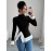 [Women's Long Sleeve T-Shirt] Women's Elegant Solid Color Long Sleeve T-Shirt - Asymmetrical Hem Contrast Color Block Design, Half-Turtleneck with Ruffled Detail, Machine Washable Fall Winter Casual Chic Top