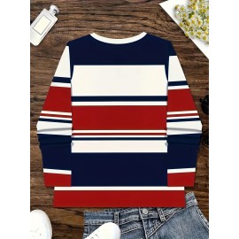 Women's Autumn/ Winter New Arrival Casual Striped Pattern Fleece Fabric Round Neck Long Sleeved T-Shirt Top
