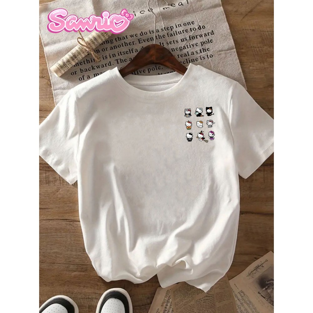 Sanrio Hello Kitty Women's Halloween Graphic T-Shirt - Front & Back Print with 12 Spooky Cute Designs, Applique Details, Casual Round Neck Tee, Machine Washable, Fashion Brand Collaboration Top