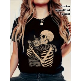 Women'S Cat & Skeleton Graphic Tee - Casual Crew Neck, Short Sleeve, Cool Summer T-Shirt with Whimsical Animal Print, Black, Casual Attire | Quirky Tshirt | Summer Fashion