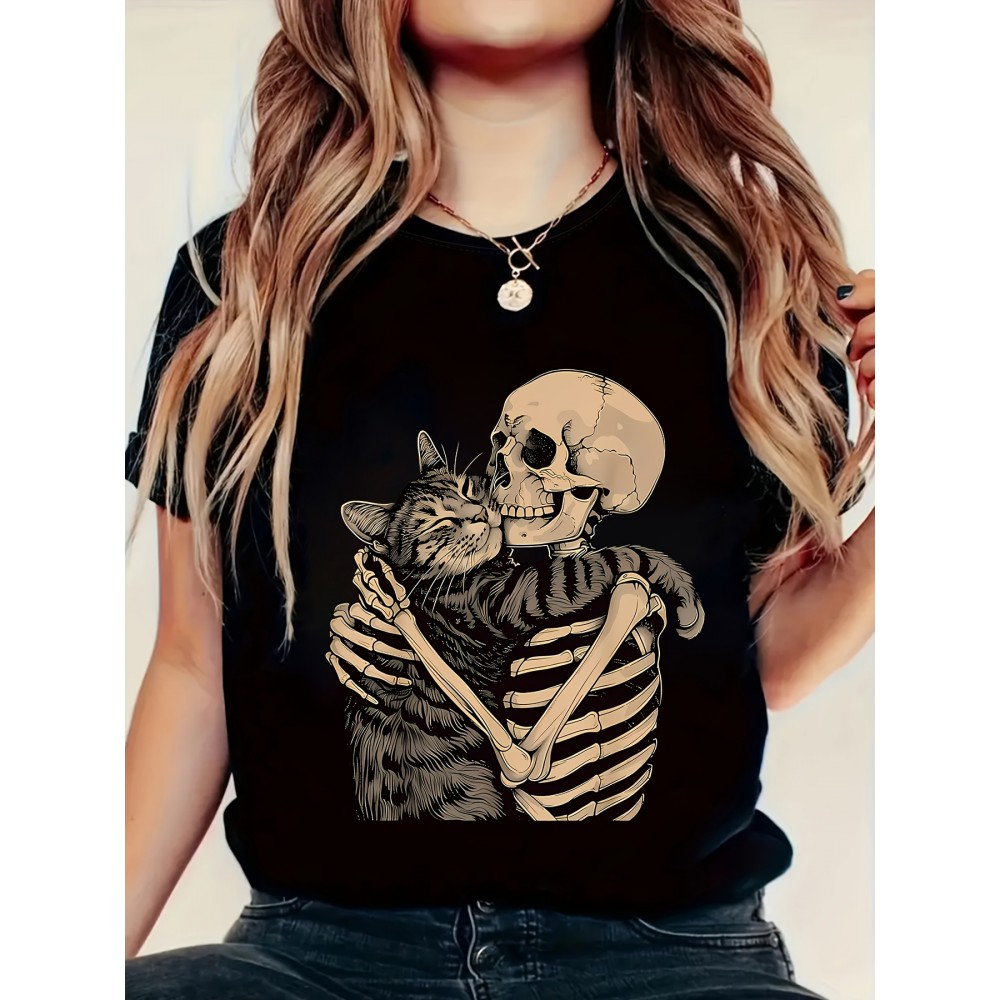 Women'S Cat & Skeleton Graphic Tee - Casual Crew Neck, Short Sleeve, Cool Summer T-Shirt with Whimsical Animal Print, Black, Casual Attire | Quirky Tshirt | Summer Fashion