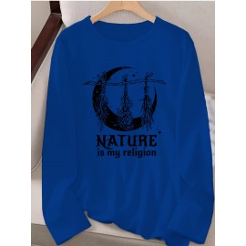 Women's Casual Long Sleeve Crew Neck Graphic T-Shirt - Sun Moon Stars Print with 