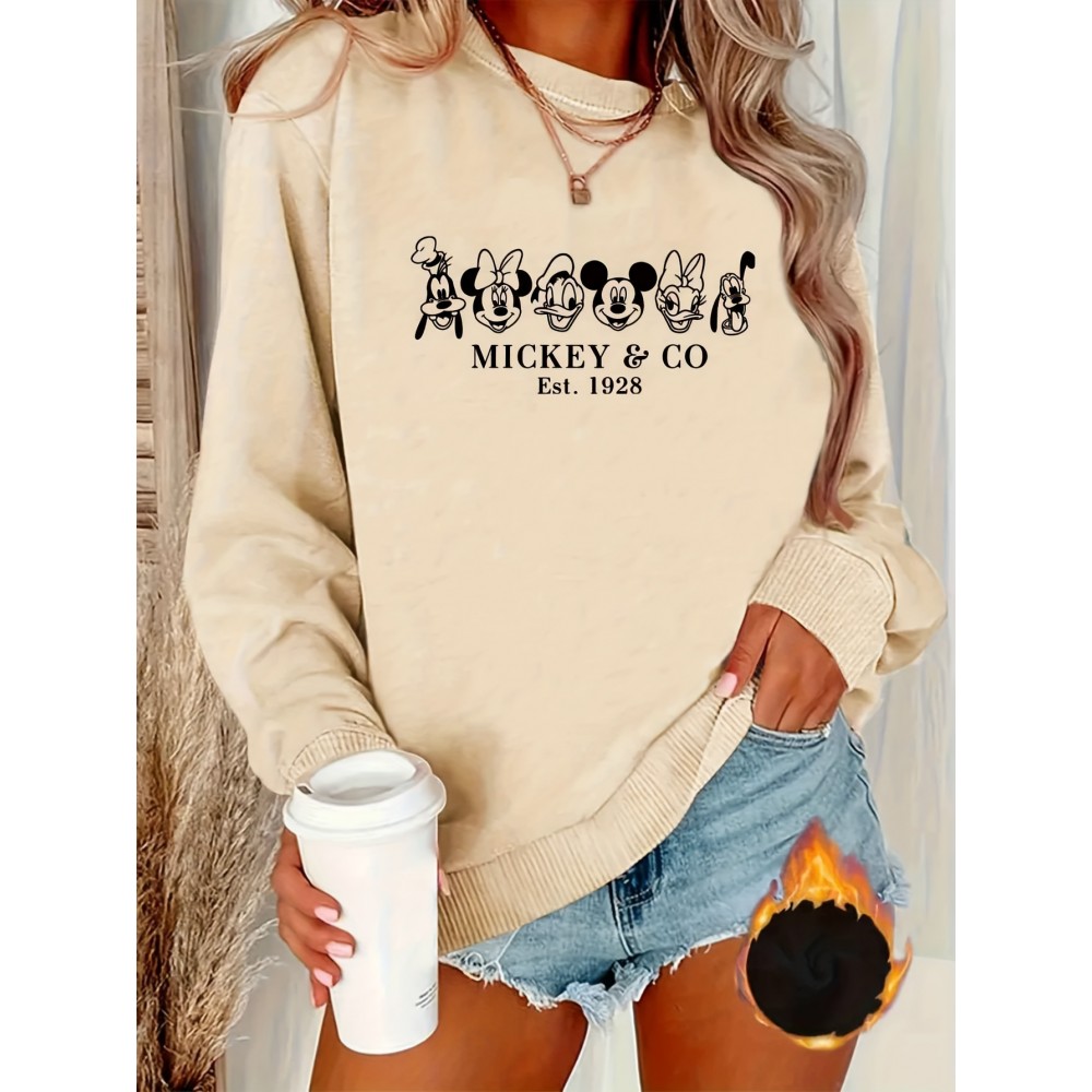 Women'S Cozy Mickey Mouse & Friends Graphic Sweatshirt - Black Crew Neck Pullover with Applique Design, Casual Fall/Winter Wear, Casual Winter Wear | Playful Design | Soft Texture, Mickey Mouse Sweatshirt