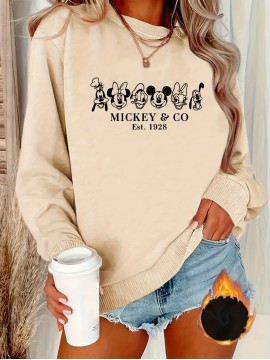Women'S Cozy Mickey Mouse & Friends Graphic Sweatshirt - Black Crew Neck Pullover with Applique Design, Casual Fall/Winter Wear, Casual Winter Wear | Playful Design | Soft Texture, Mickey Mouse Sweatshirt