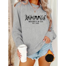 Women'S Cozy Mickey Mouse & Friends Graphic Sweatshirt - Black Crew Neck Pullover with Applique Design, Casual Fall/Winter Wear, Casual Winter Wear | Playful Design | Soft Texture, Mickey Mouse Sweatshirt