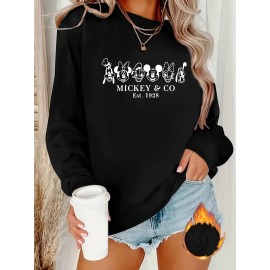 Women'S Cozy Mickey Mouse & Friends Graphic Sweatshirt - Black Crew Neck Pullover with Applique Design, Casual Fall/Winter Wear, Casual Winter Wear | Playful Design | Soft Texture, Mickey Mouse Sweatshirt