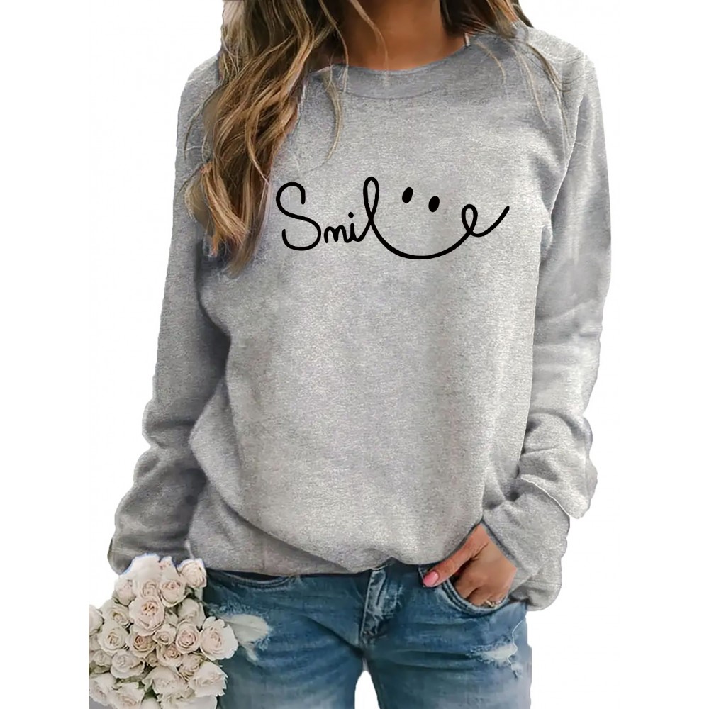 Women's Red joyful Face & Smile Letter Print Sweatshirt - Soft Machine-Washable Polyester Crew Neck Long Sleeve Casual Pullover for Fall Winter, Cozy Everyday Lounge Wear, Comfortable Fit