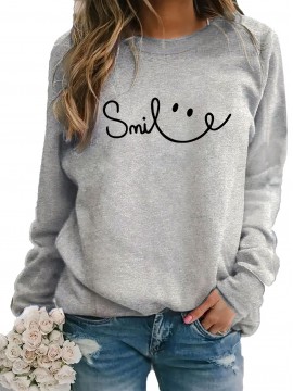 Women's Red joyful Face & Smile Letter Print Sweatshirt - Soft Machine-Washable Polyester Crew Neck Long Sleeve Casual Pullover for Fall Winter, Cozy Everyday Lounge Wear, Comfortable Fit