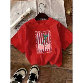 Women's Black Cherry Print Short Sleeve T-Shirt - Geometric Pattern with Pink Cherries & Green Leaves, 180gsm Polyester, Round Neck, All-Season Casual Top, Machine Washable, Cherry Tshirt, Playful Design, Texture