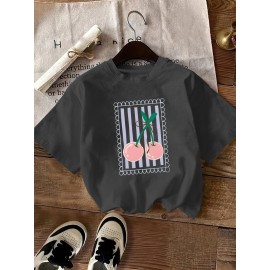 Women's Black Cherry Print Short Sleeve T-Shirt - Geometric Pattern with Pink Cherries & Green Leaves, 180gsm Polyester, Round Neck, All-Season Casual Top, Machine Washable, Cherry Tshirt, Playful Design, Texture