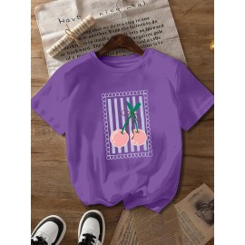 Women's Black Cherry Print Short Sleeve T-Shirt - Geometric Pattern with Pink Cherries & Green Leaves, 180gsm Polyester, Round Neck, All-Season Casual Top, Machine Washable, Cherry Tshirt, Playful Design, Texture