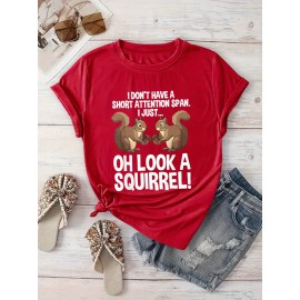 [Playful Squirrel Graphic Tee] Playful Print Top | Women's Casual 