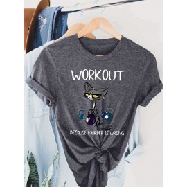 [Humorous Workout T-Shirt] 1pc Women's Casual Short Sleeve T-Shirt | Soft, Lightweight, Humorous Cat & Dumbbell Graphic Print, 